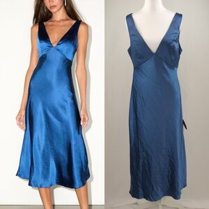 Lulu's Incredible Love Satin V-Neck Cowl Back Midi Slip Dress, Navy Blue, Med
